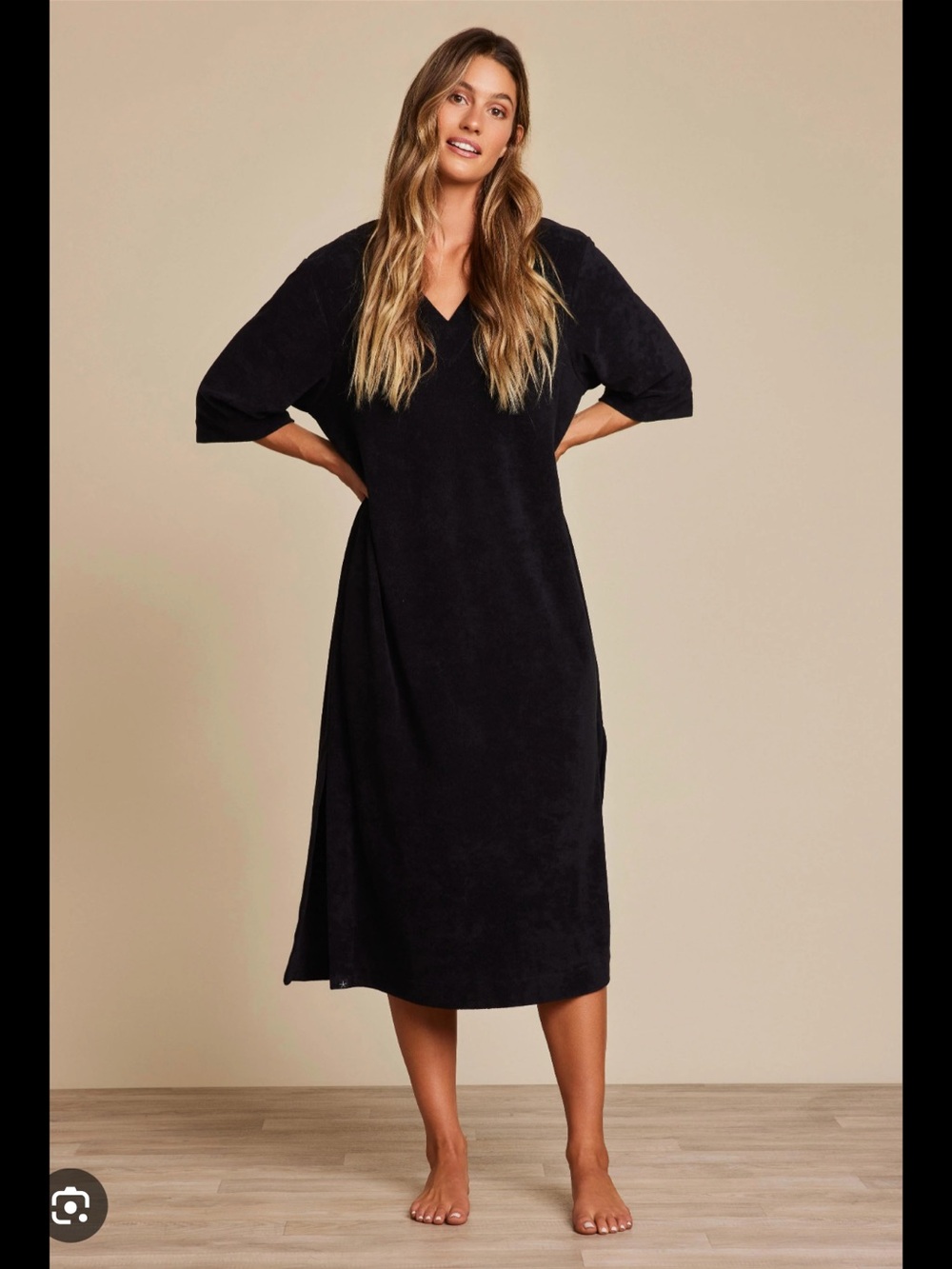 Barefoot Dreams Beach Cozy Terry Double V Black Caftan Dress L/XL